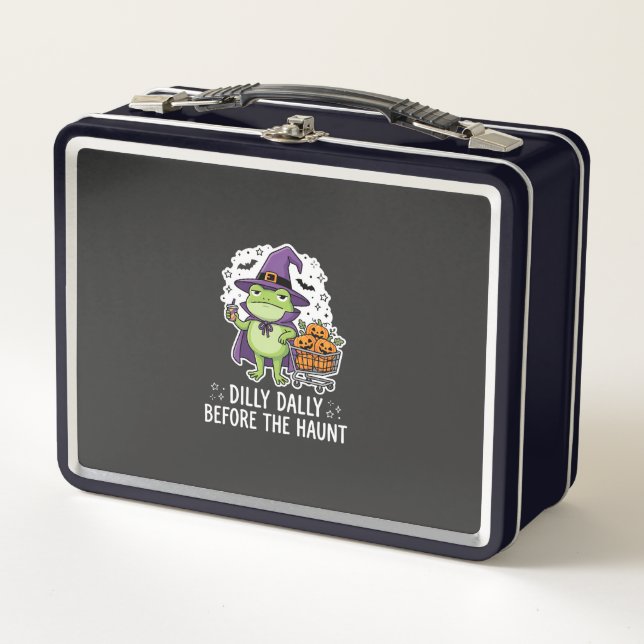 Halloween Dilly Dally Frog Witch Pumpkin Cart Metal Lunch Box (Front)