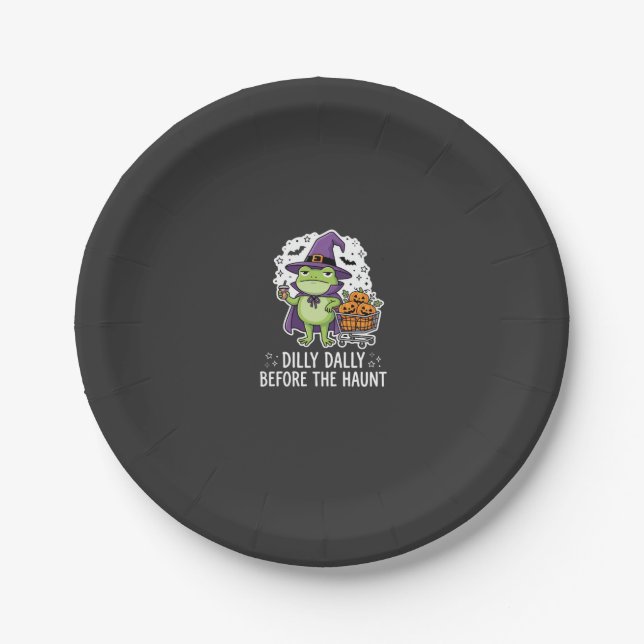 Halloween Dilly Dally Frog Witch Pumpkin Cart Paper Plate (Front)