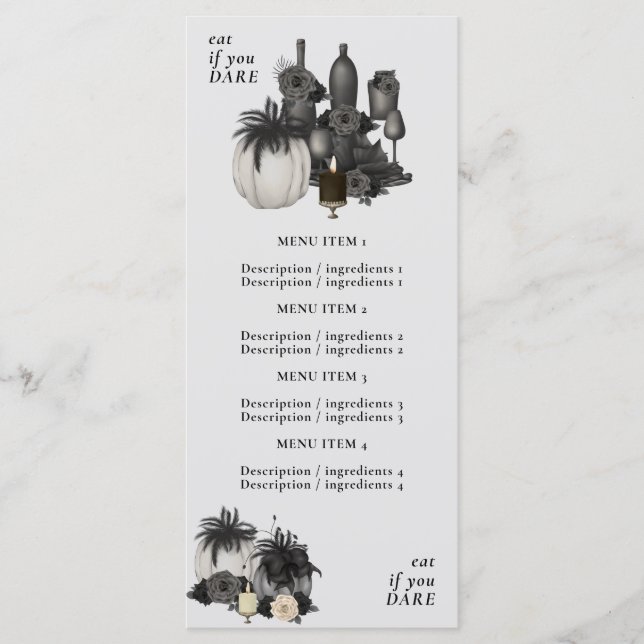 Halloween Dinner Food and Drink Menu Black & White (Front)