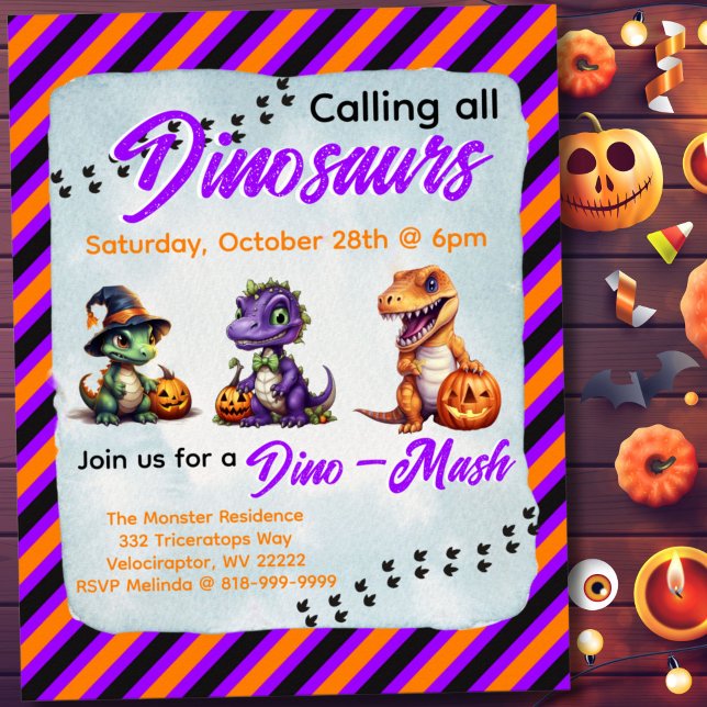 Halloween Dinosaur Dino-Mash Party Invitation  Poster (Diagonal stripe Dinosaur Halloween Dino-Mash Invitation Poster in Purple, Orange and Black)