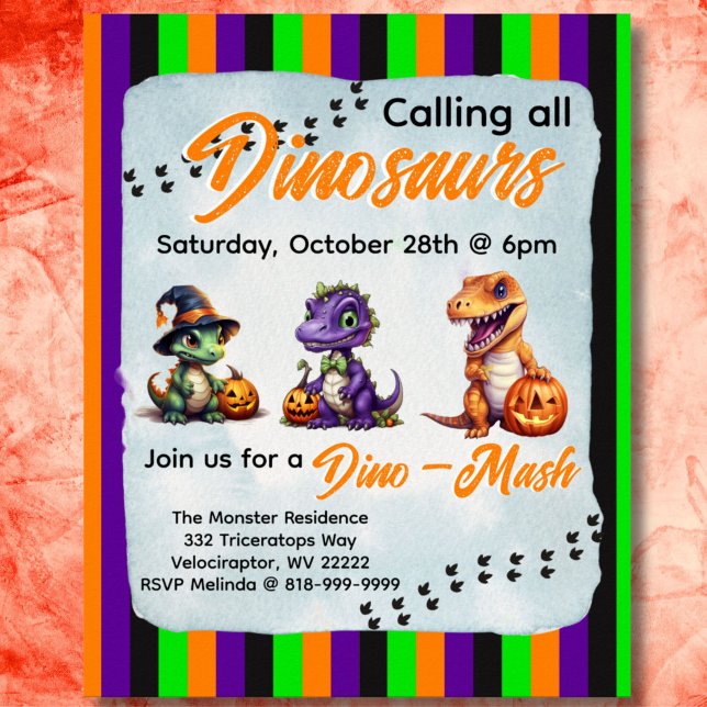 Halloween Dinosaur Dino-Mash Party Invitation  Poster (Diagonal stripe Dinosaur Halloween Dino-Mash Invitation Poster with vertical Halloween stripes. )