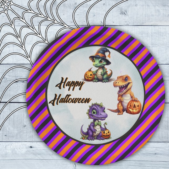 Halloween Dinosaur Dino-Mash Party Paper Plate (Happy Halloween Dinosaur Party Plate in Purple and Orange)