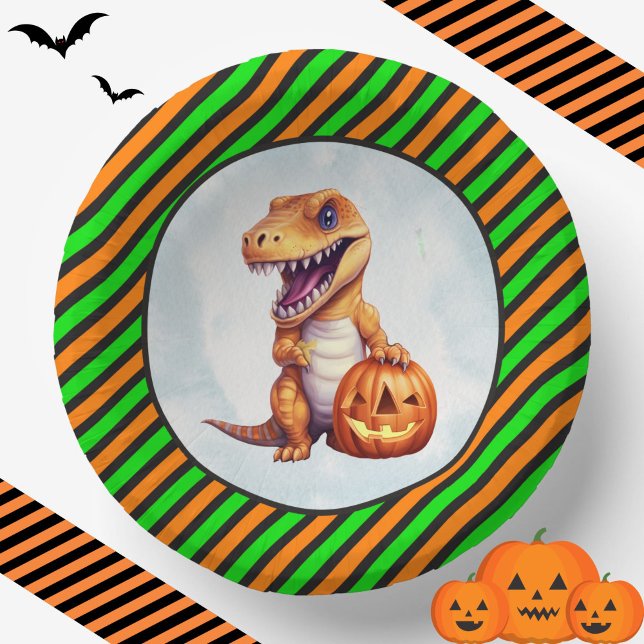 Halloween Dinosaur Dino-Mash Party Paper Plate (T-Rex Dino Halloween Bowls with Stripes)