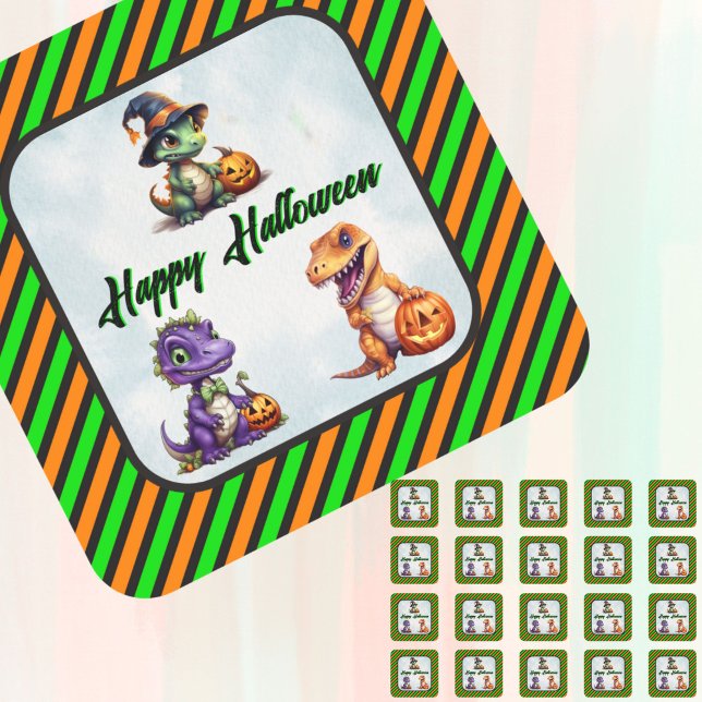 Halloween Dinosaur Dino-Mash Party Square Sticker (Halloween dino stickers)