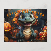 Halloween Dinosaur In Forest With Pumpkins