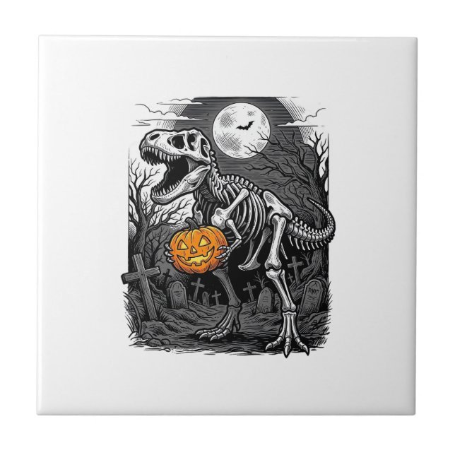 Halloween Dinosaur Skeleton Pumpkin Vintage Shirt  Tile (Front)
