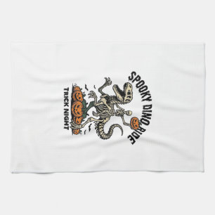 Halloween Dinosaur Skeleton Vintage Trick Ride_1 Tea Towel