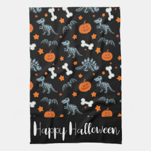 Halloween Dinosaur Skeletons Bats & Pumpkins Tea Towel