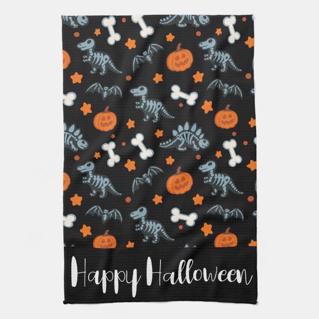 Halloween Dinosaur Skeletons Bats & Pumpkins Tea Towel (Vertical)