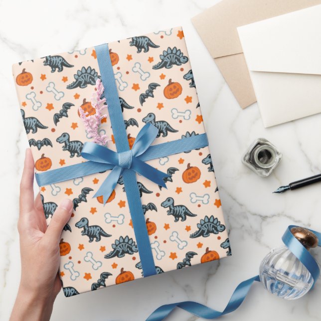 Halloween Dinosaur Skeletons Pumpkin & Bats Wrapping Paper (Gifting)