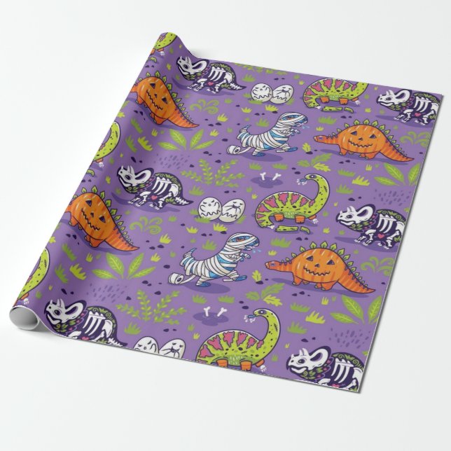 Halloween Dinosaurs Pattern Wrapping Paper (Unrolled)