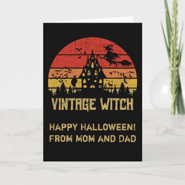 Halloween Distressed Vintage Witch Retro Sunset Card (Front)