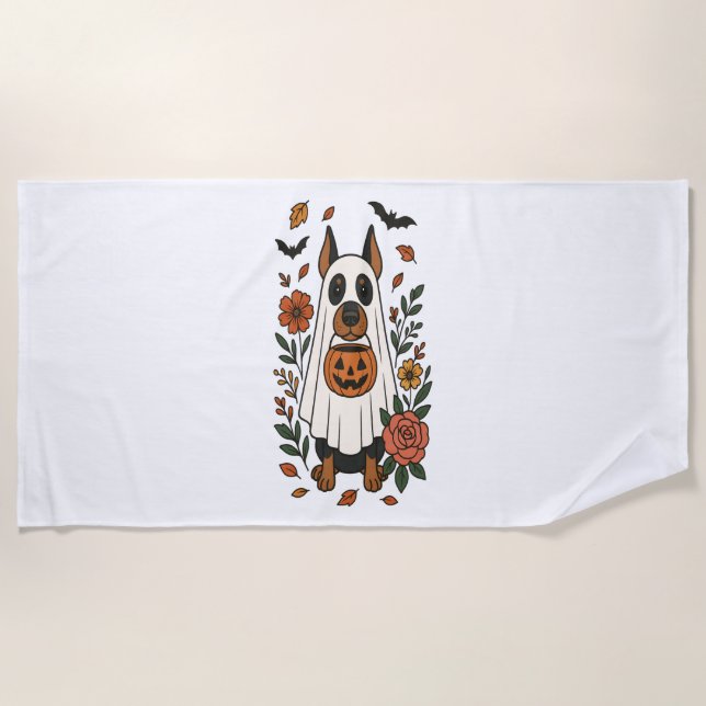 Halloween Doberman Pinscher Flowers Beach Towel (Front)
