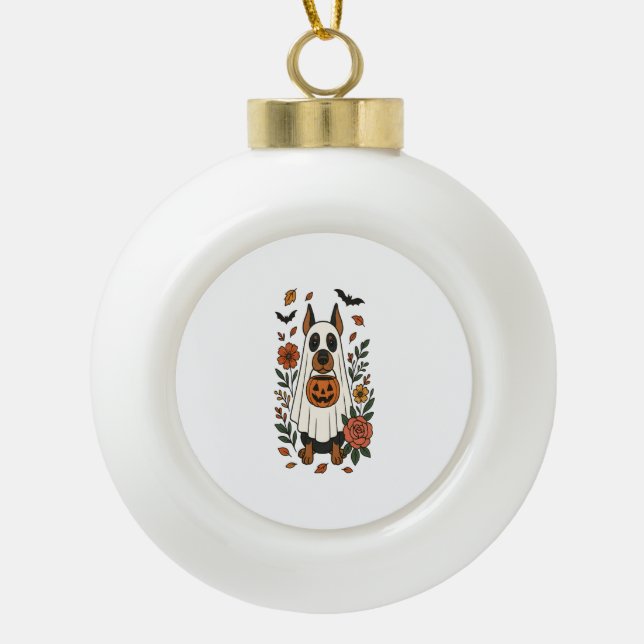 Halloween Doberman Pinscher Flowers Ceramic Ball Christmas Ornament (Front)