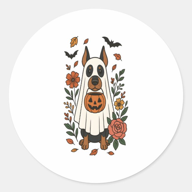 Halloween Doberman Pinscher Flowers Classic Round Sticker (Front)