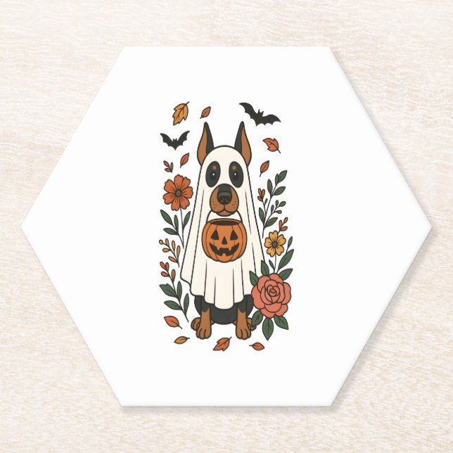 Halloween Doberman Pinscher Flowers Paper Coaster (Front)