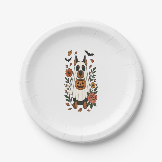 Halloween Doberman Pinscher Flowers Paper Plate (Front)