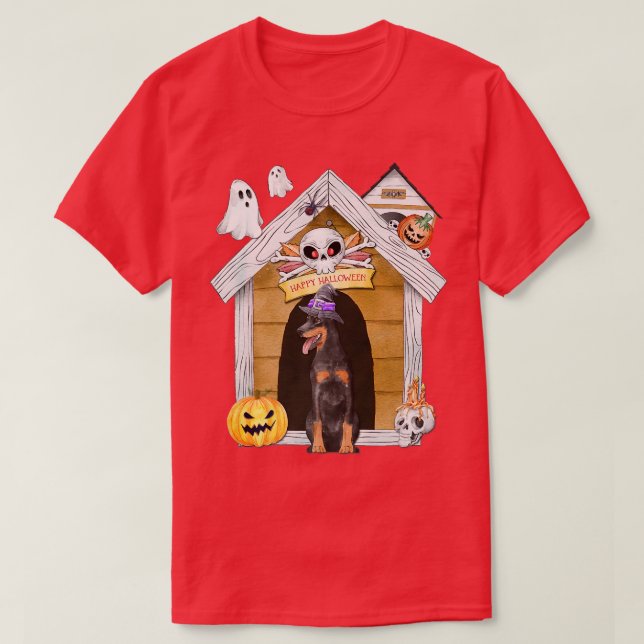 Halloween Dobermann Dog Witch Haunted House  T-Shirt (Design Front)