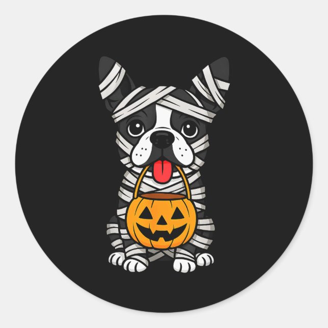 Halloween Dog Boston Terrier Mummy Costume Men Wom Classic Round Sticker (Front)