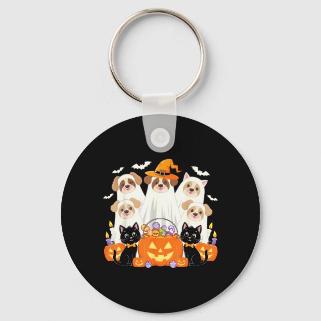 Halloween Dog Dressed As Ghost Halloween Dog Funny Key Ring (Front)
