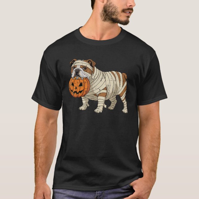 Halloween Dog English Bulldog Mummy Costume Men Wo T-Shirt (Front)