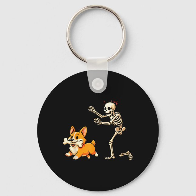 Halloween Dog Funny Skeleton Chasing Corgi Dog Key Ring (Front)