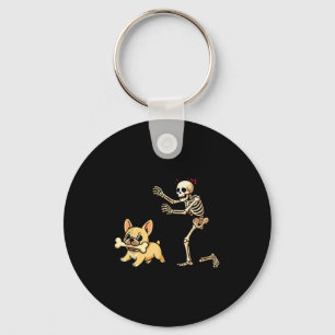 Halloween Dog Funny Skeleton Chasing French Bulldo Key Ring