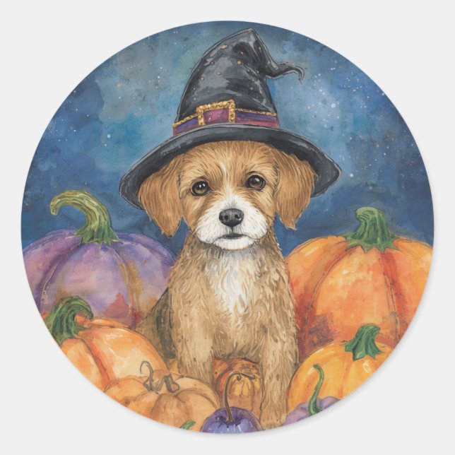 Halloween Dog Lover Witch Pumpkin Classic Round Sticker (Front)
