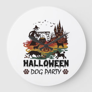 Halloween Dog Party Witch Dogs Pumpkins Castle_1 Large Clock