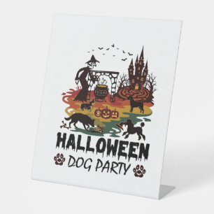 Halloween Dog Party Witch Dogs Pumpkins Castle_1 Pedestal Sign