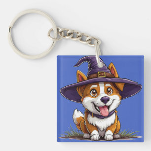 Halloween Dog Wearing a Witch Hat Key Ring