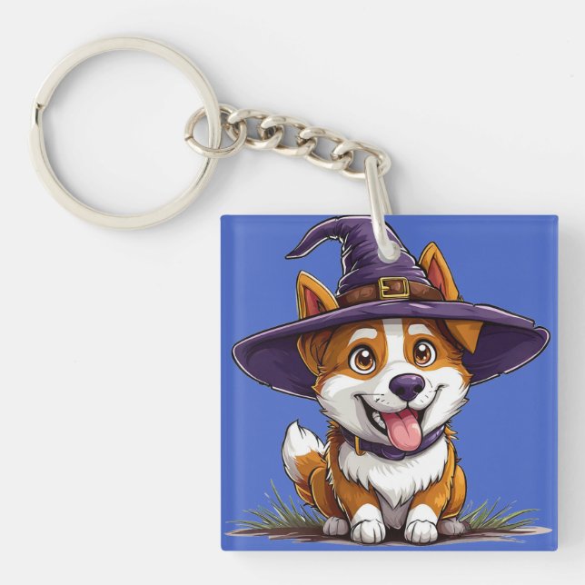 Halloween Dog Wearing a Witch Hat Key Ring (Front)
