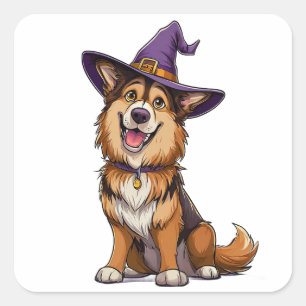 Halloween Dog Wearing Purple Wizard Hat Square Sticker