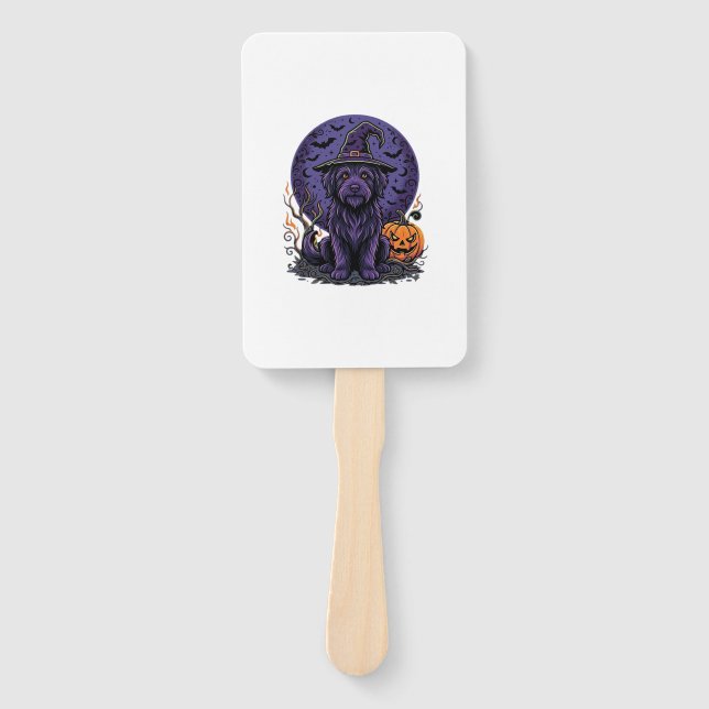 Halloween Dog Witch Pumpkin Vector Art Hand Fan (Front)