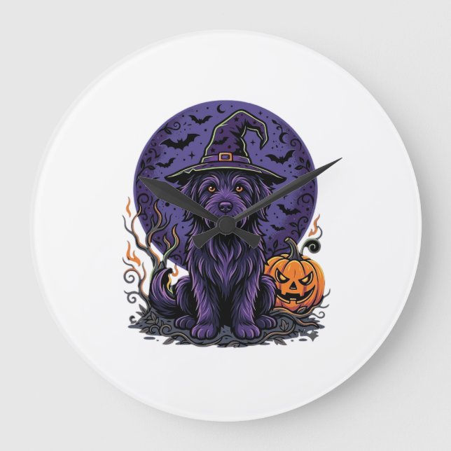 Halloween Dog Witch Pumpkin Vector Art Large Clock (Front)