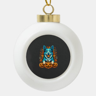 Halloween Dog With Jack O Lantern Pumpkins_1 Ceramic Ball Christmas Ornament