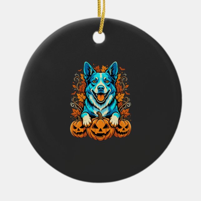 Halloween Dog With Jack O Lantern Pumpkins_1 Ceramic Tree Decoration (Front)