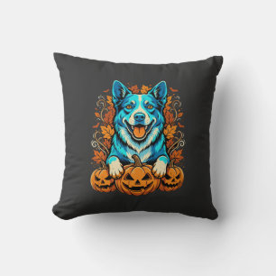 Halloween Dog With Jack O Lantern Pumpkins_1 Cushion