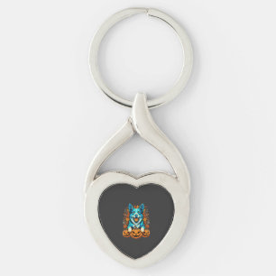 Halloween Dog With Jack O Lantern Pumpkins_1 Key Ring