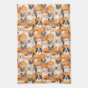 Halloween Dogs - Cute Dog Breeds with Pumpkin 2 Tea Towel
