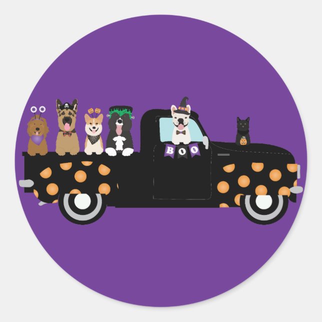Halloween Dogs In A Pickup Truck Classic Round Sticker (Front)