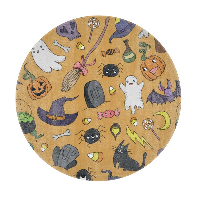 Halloween Doodle Objects Seamless Pattern Cutting Board (Front)