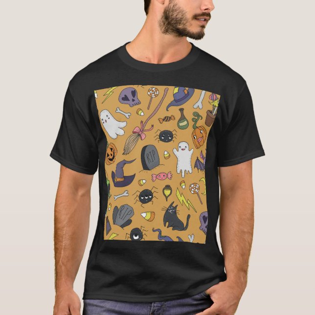 Halloween Doodle Objects Seamless Pattern T-Shirt (Front)