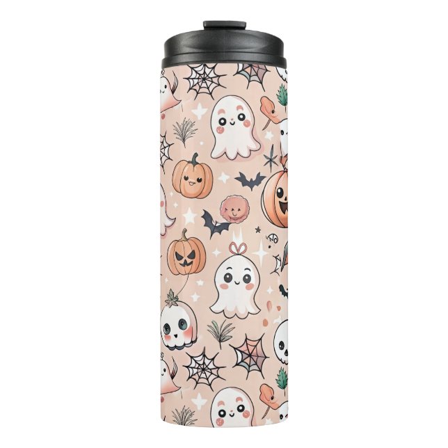 Halloween Doodle Pattern with Ghosts & Pumpkins 2 Thermal Tumbler (Front)