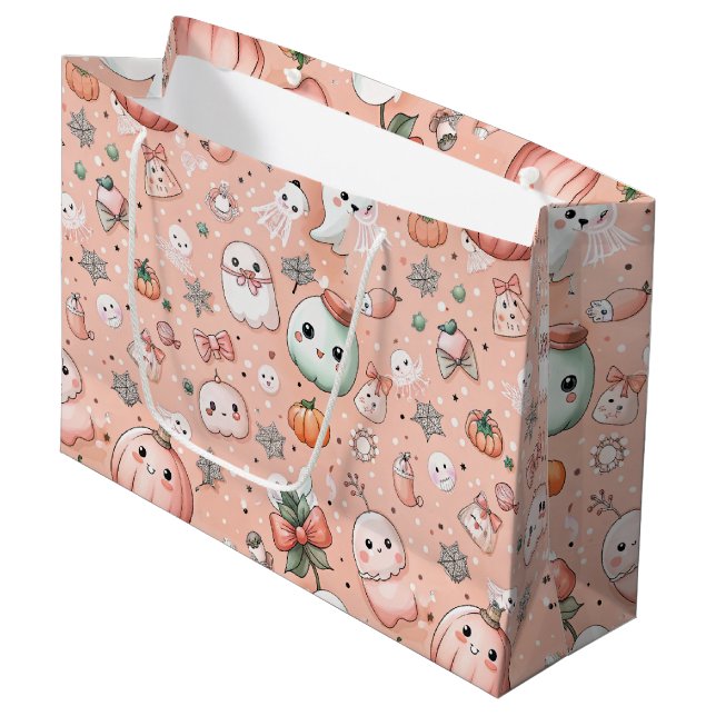 Halloween Doodle Pattern with Ghosts & Pumpkins Large Gift Bag (Front Angled)