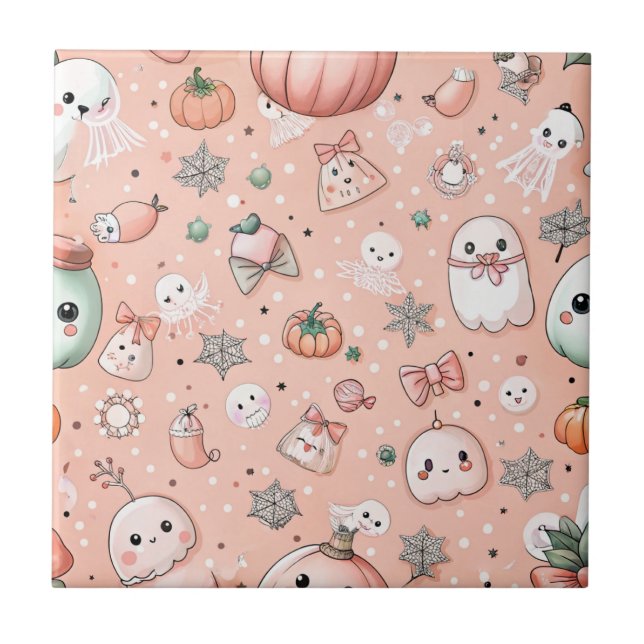 Halloween Doodle Pattern with Ghosts & Pumpkins Tile (Front)