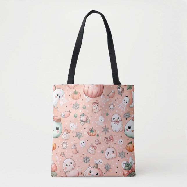 Halloween Doodle Pattern with Ghosts & Pumpkins Tote Bag (Front)