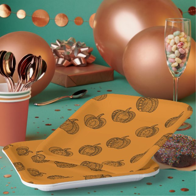 Halloween doodles boho mandala pumpkins Autumn Paper Plate (Multi)