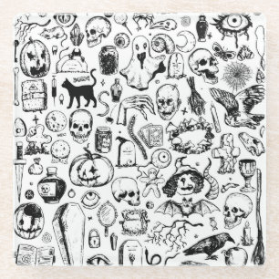 Halloween Doodles Collection, Vintage Style. Glass Coaster