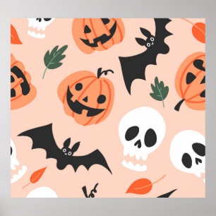Halloween doodles, pumpkins, bats pattern. poster